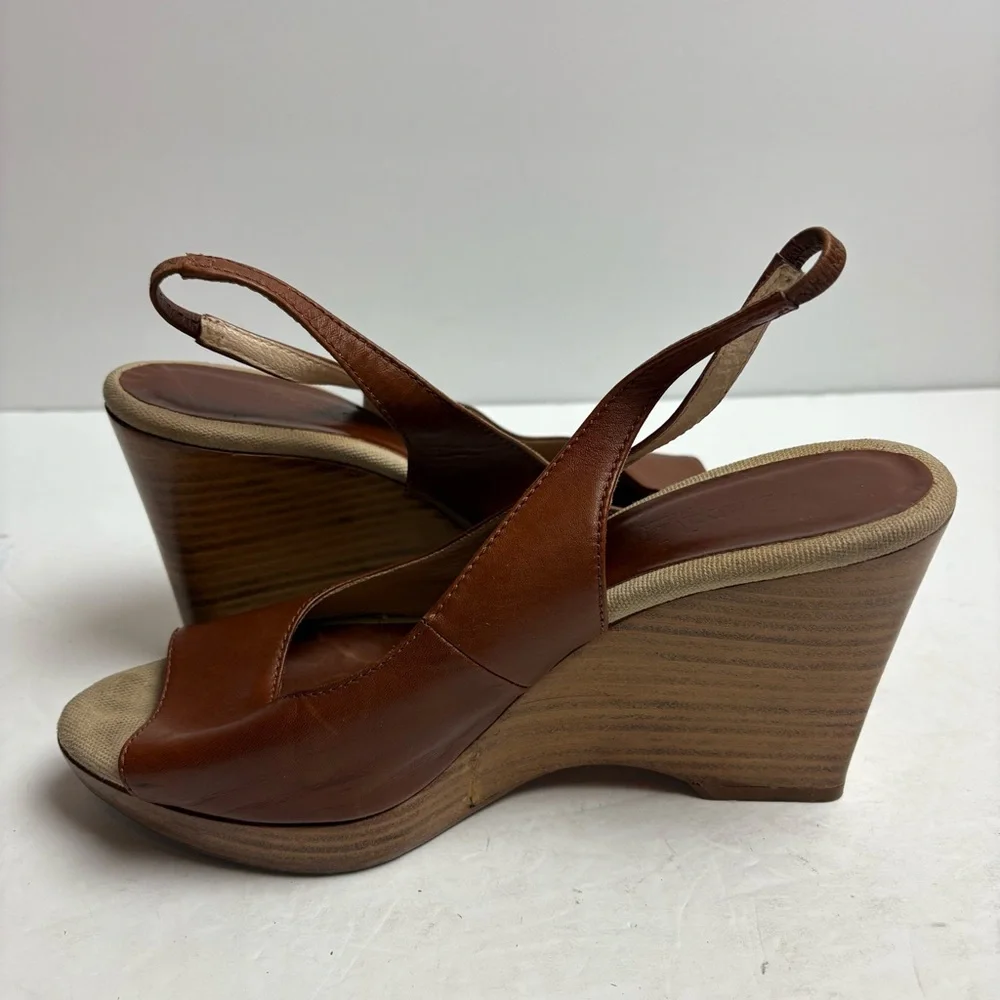 MaxMara Brown Leather Slingback Wedge Sandals Women’s size 37 6.5 Italy - Picture 6 of 10